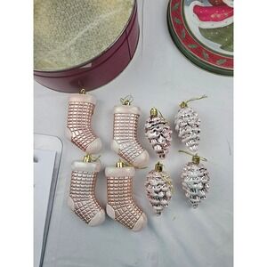 Christmas Stocking Ornament Pinecone Rose Gold Glitter Set‎ Decor Tin